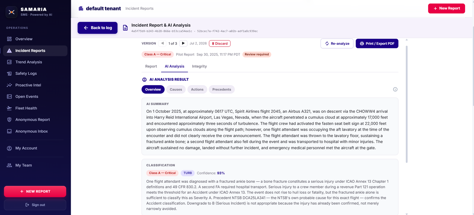 Samaria AI-generated incident report analysis with classification and confidence score